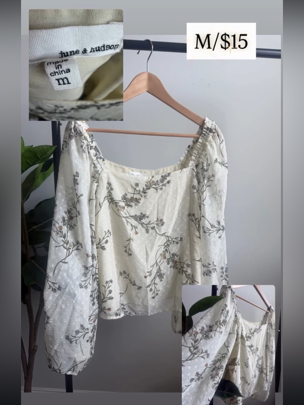 june & hudson cream floral peasant top with puff sleeves